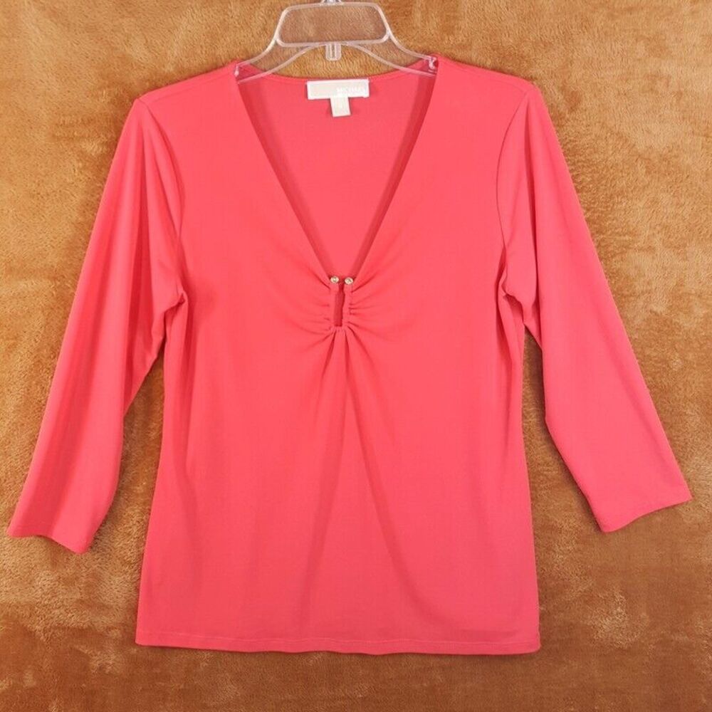 MICHAEL KORS Womens Top Medium Red Pullover Gathered VNeck Jersey Stretch